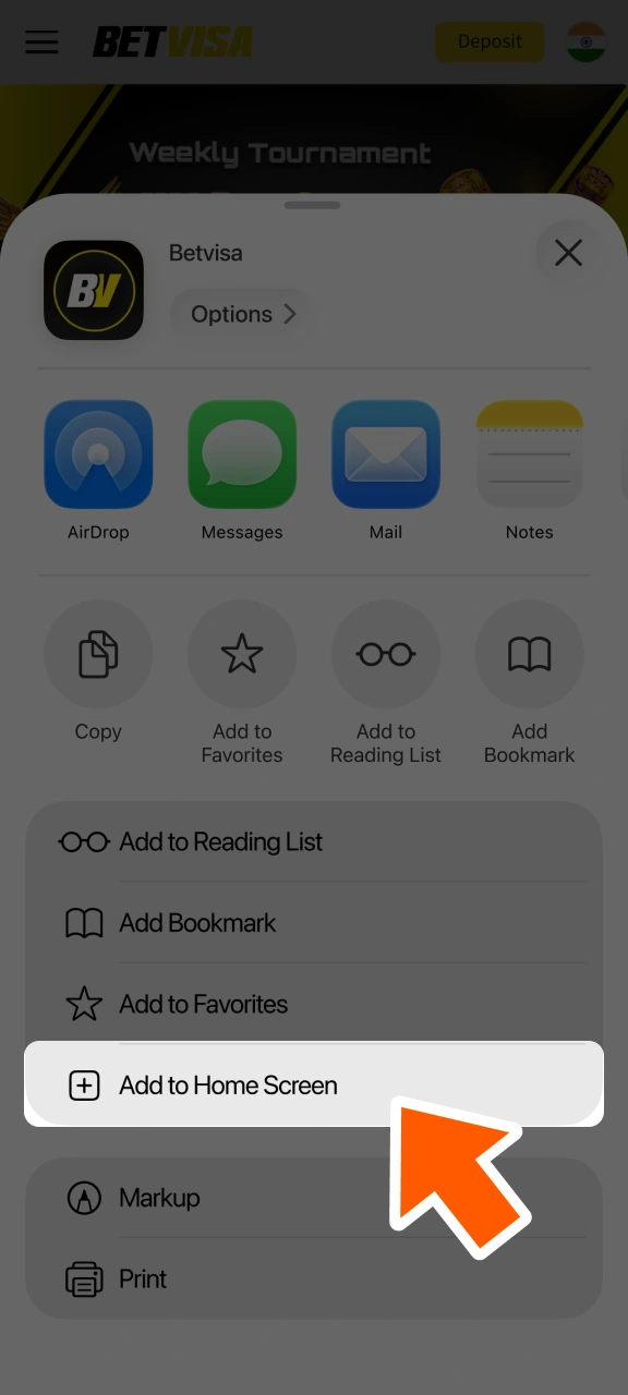 Choose Add to Home Screen to add the BetVisa shortcut.