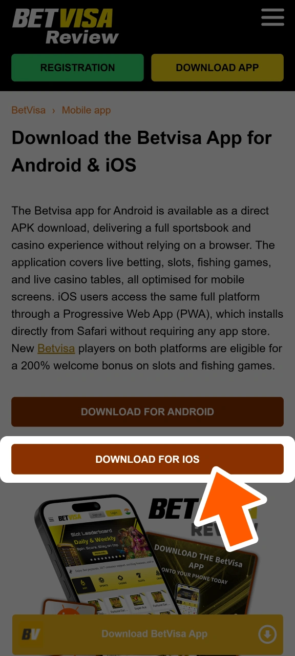 Click Download for iOS and get the instructions for BetVisa.