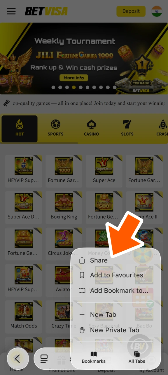 Click Share to open the menu and add BetVisa.