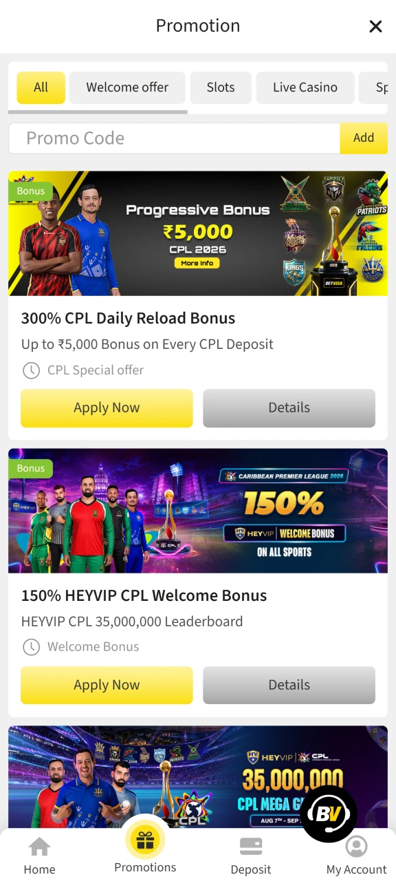 Check out the promotions page in the BetVisa app.